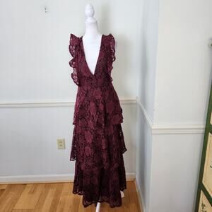 New Lulus Molinetto Sleeveless Maxi Dress XS Women Purple Red Lace Tiered Floral